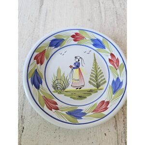 Henriot quimper France 176 mini‎ plate girl flowers blue red vintage decor